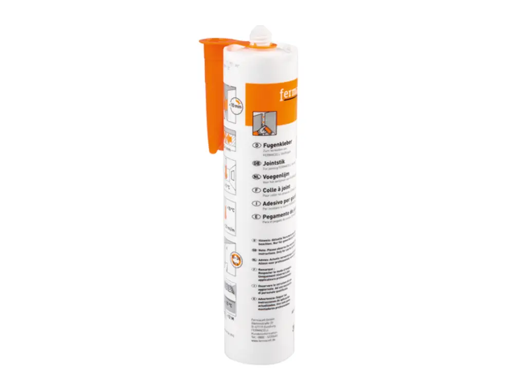 Weiße Klebekartusche mit orangefarbener Spitze, gekennzeichnet mit Anweisungen und Symbolen, zur Verwendung in Verbindung mit Produkten der Marke TECE.